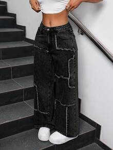 SHEIN PETITE 女款寬鬆版型口袋毛邊寬腿休閒牛仔褲，適合嬌小女性 - 黑色 - 查看 6
