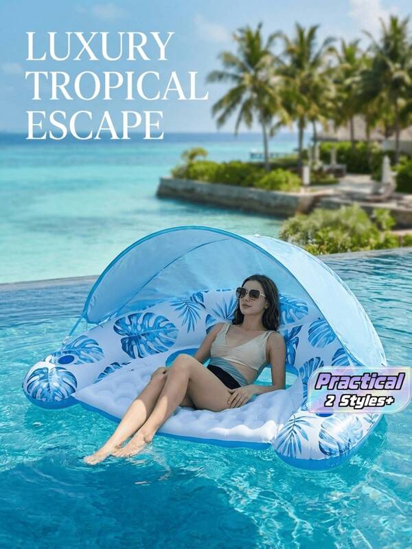 Inflatable Floating Lounger With Canopy, Leaf Print Floating Chair With Cup Holder, Foldable Thick PVC Pool Float, Durable And Waterproof, Ergonomic Design For Comfortable Lounging, Suitable For Pool, Beach And Vacation