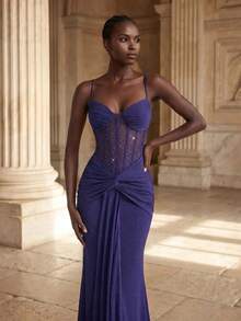 Coutiva Women's Elegant Rhinestone Pleated Ruffle Mermaid Hem Formal Evening Gown - Navy Blue - View 5