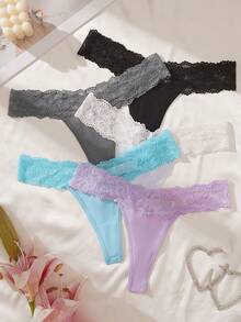 SHEIN 5件/包 女款蕾絲腰帶丁字褲 - 彩色 - 查看 3