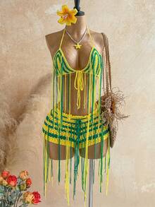 Soleia Summer Women's Vacation Style Beach Fringe Knit Bikini Set Green And Yellow Sexy - Multicolor - View 1