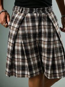ROMWE MEN Street Life Men's Casual Pocket Button Pleated Plaid Shorts - Khaki - View 7