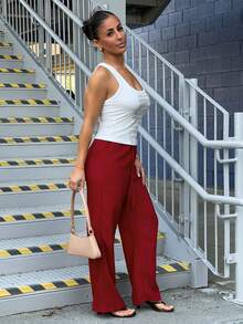 SAYEHFBABY Women's Summer Textured Straight Leg Pants - Red - View 3