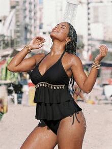 Swim Vcay Plus Size Women Summer Beach Shell Trim Halter Tankini Set - Black - View 5