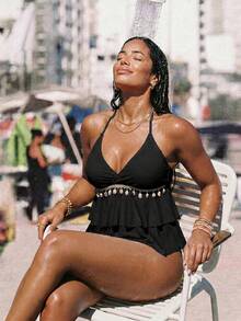 Swim Vcay Plus Size Women Summer Beach Shell Trim Halter Tankini Set - Black - View 6