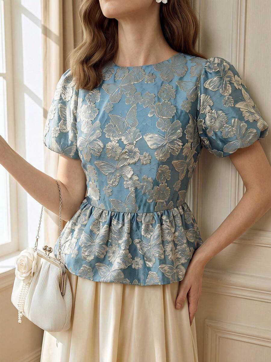 Suri Mira 優雅藍色荷葉邊娃娃風蝴蝶提花布料上衣,法式復古,適合夏季/秋季,派對約會穿搭 - 藍色 - 查看 1