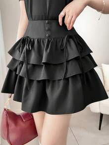 FRIFUL Rok Ruffle Berlapis Pinggang Tinggi Wanita yang Mempesona, Atasan Lucu Serbaguna - Hitam - View 12
