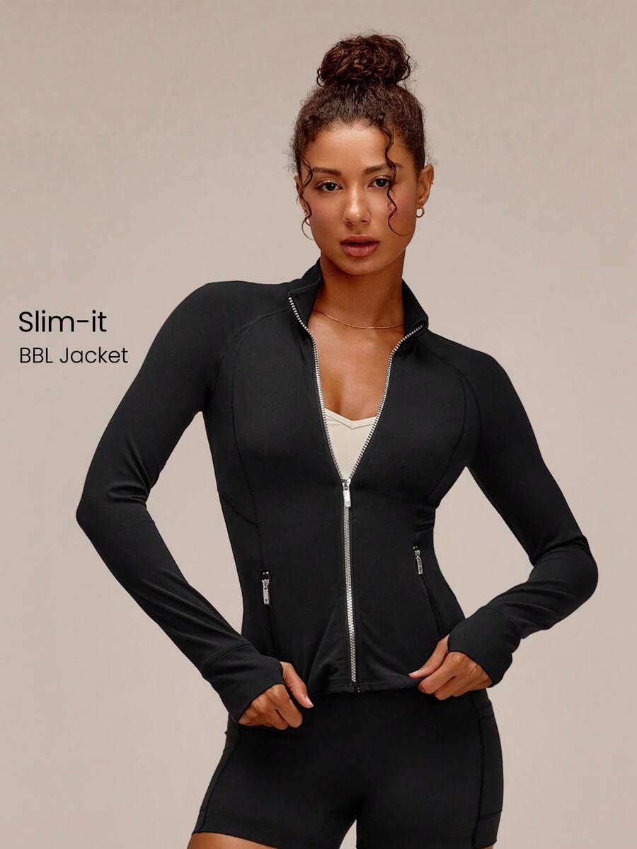 GLOWMODE FeatherFit™ Slim-It Streamline Performance Secure Pockets Zip Up Long Sleeve Jacket Low Impact Yoga Pilates Daily Spring Summer - Black - View 1