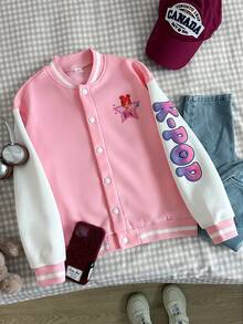 SHEIN 女童（大童）休閒百搭校園日常居家穿著卡通趣味水豚圖案拼接棒球夾克 抓絨內裡 秋冬外套 - 粉色 - 查看 3