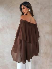 Aloruh Brown Romantic Elegant Date Vacation Vacation Sexy Outing Off-Shoulder Chiffon Lace Patchwork Multi-Layer Ruffle Asymmetrical Women's Blouse Autumn - Brown - View 3