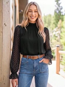 Coeurva Frilled Neck Flounce Sleeve Blouse,Long Sleeve Tops Winter Elegant Black Black Spring - Black - View 5