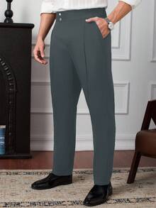 Manfinity Homme Men's Solid Color Toothpick Stripe Design Casual High Waist Suit Pants - Dark Grey - View 6