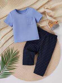 Baby Boy Solid Color Short Sleeve Pocket Top And Plaid Long Pants Loungewear - Blue - View 3