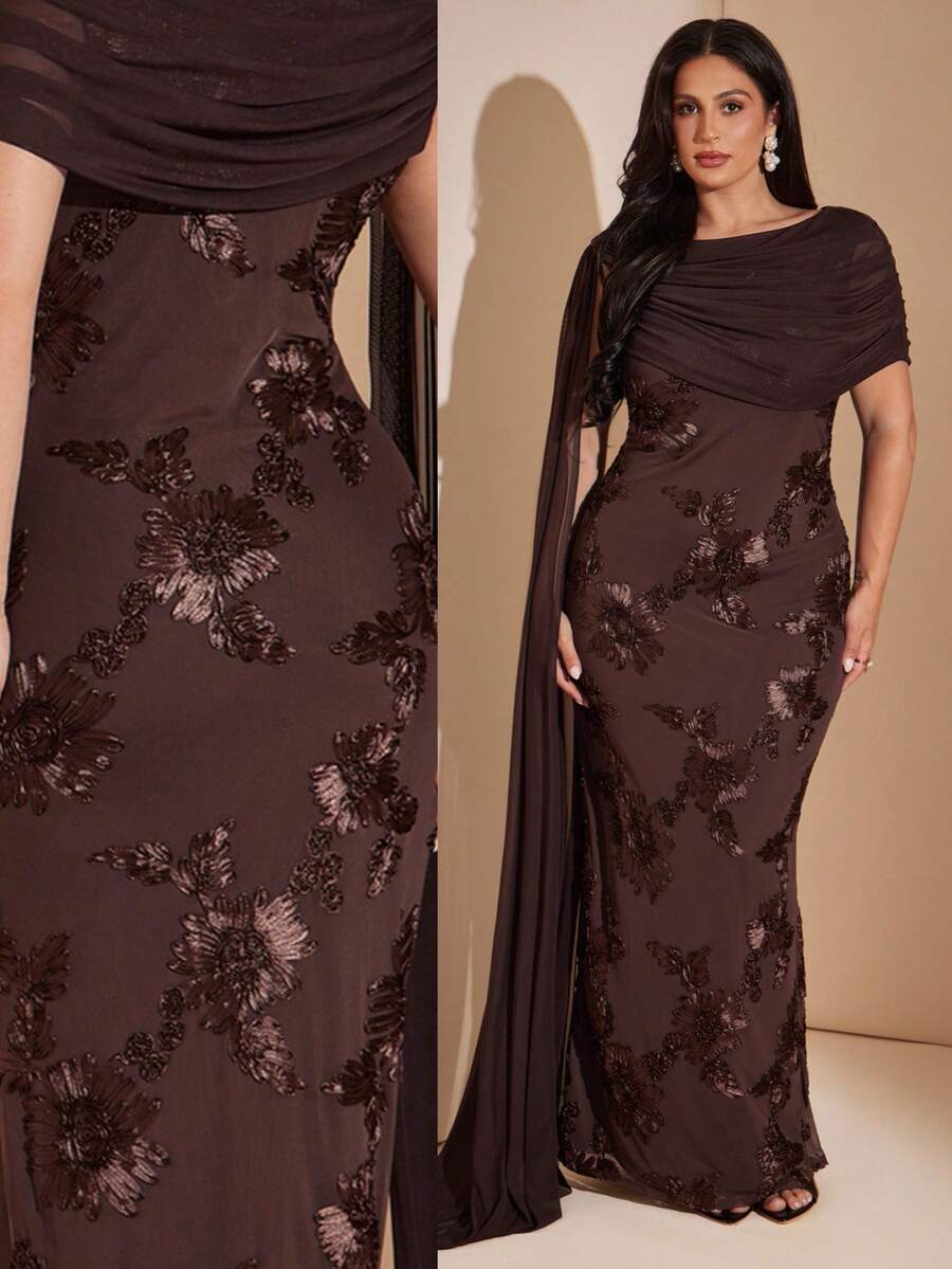 SHEIN BAE CURVE Plus Size Women's Brown 3D Floral Extra Long Dress,Wedding Formal Evening Dinner,Back To School,Party,Graduation,Going Out,Birthday,Elegant Autumn