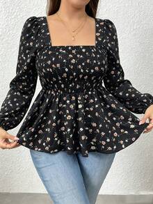 SHEIN Holidaya Women's Long Sleeve Ditsy Floral Blouse For Date And Commute - Black - View 4