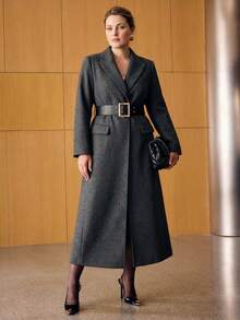 MOTF PREMIUM WOMEN'S PLUS SIZE AUTUMN/WINTER LAPEL CINCHED WAIST WIDE LEATHER BELT SLIMMING OVERCOAT - Dark Grey - View 6