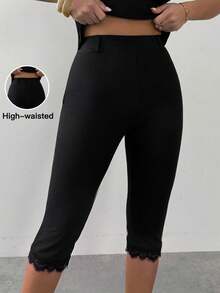 Firerie Women's Elegant Casual Sexy Spring Summer All Season Solid Black High Waist Leggings, Knitted Waist-Cinching Slim Fit Fashionable Versatile Night - Black - View 5
