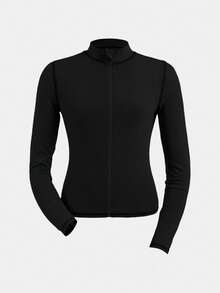 SHEIN Serisse Kids Tween Girl Casual Modest All Black Line Yoga Sports Slim Fit Zip-Up Stand Collar Knit Solid Color Top High Waist Leggings Set Summer - Black - View 6