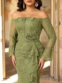 Aureia 大码优雅奢华酒红色露肩蕾丝拼接荷叶边薄纱袖珠饰贴花不对称荷叶边下摆美人鱼式正式礼服（华丽装饰设计），适合所有正式场合和晚宴 - 綠色 - 查看 9