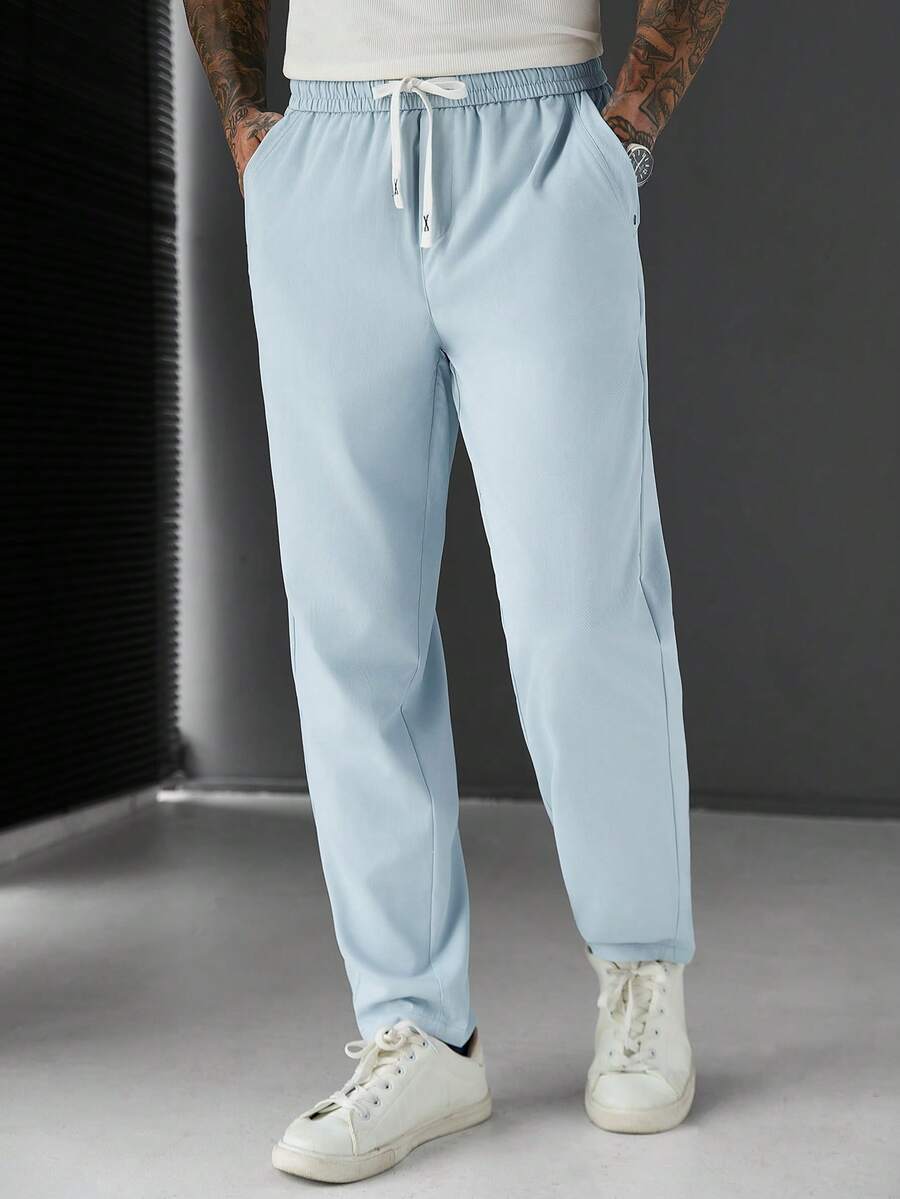 SLATEMANN Men's Drawstring Waist Pocket Casual Versatile Daily Travel Long Pants - Baby Blue - View 1