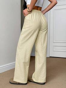 SHEIN PETITE 女款條紋直筒寬鬆腰綁帶長褲 - 黃色 - 查看 2