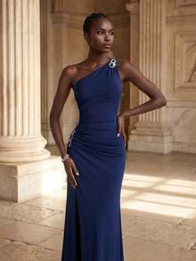 Coutiva Rhinestone Decor Elegant One Shoulder High Slit Bridesmaid Dress - Royal Blue - View 6