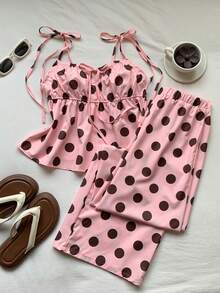 SHEIN EZwear 两件套休闲简约夏季多巴胺波点吊带背心和长裤套装，适合夏季、度假季，波点印花，杜卡迪波点，粉棕色波点。适合度假、旅行、派对、音乐节、返校季、毕业季。 - 彩色 - 查看 4