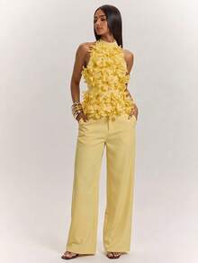 SHEIN BAE Women's Elegant Romantic Mesh Embroidery 3D Floral Camisole Top Paired With Pastel Yellow Suit Pants Two Pieces Set, Spring Summer Garden Party - Light Yellow - View 3
