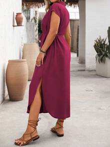 Ceyna Women's Single-Thread Bamboo Linen Shirt Dress With Front Button Placket, Chest Pocket, Waist Tie Bow, Slits, Long Length, Mint Green, Elegant, Summer - Hot Pink - View 3