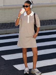 Muchica Damen gestreiftes Kurzarm Polokragen Lässig Minikleid - Khaki - Übersicht 3