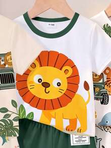 2 Random Sets Out Of 4 T-Shirt & Shorts Sets.Cute Animal Pattern, Striped Pattern, Number Pattern Printed Crew Neck T-Shirt Matched With Same Printed Shorts - Multicolor - View 4