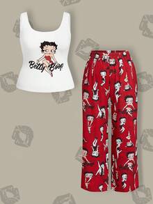 Betty Boop x SHEIN Plus Size Scoop Neck Cartoon Figure Graphic Tank Top And Wide Leg Pants Sleepwear Pajama Set, Comfy & Fashionable - Red and White - View 1