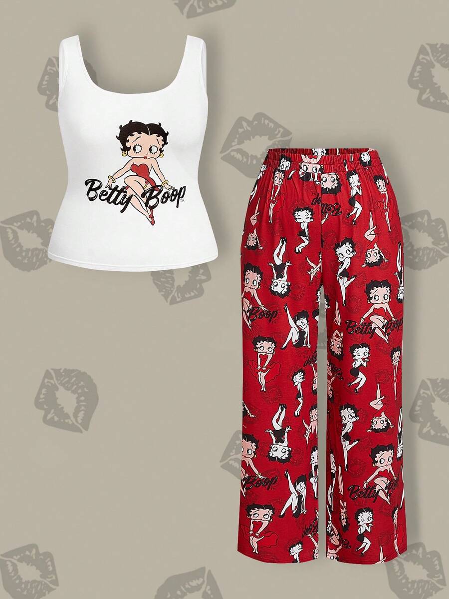 Betty Boop x SHEIN Plus Size Scoop Neck Cartoon Figure Graphic Tank Top And Wide Leg Pants Sleepwear Pajama Set, Comfy & Fashionable - Red and White - View 1