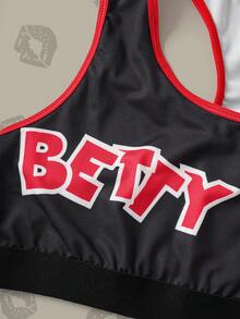 Betty Boop x SHEIN 大码圆领无袖撞色滚边时尚印花内衣套装 - 黑色 - 查看 4