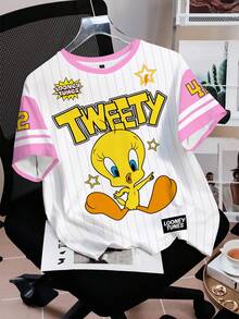 LOONEY TUNES X SHEIN 女士圆领短袖休闲T恤，全印花 - 白色 - 查看 3