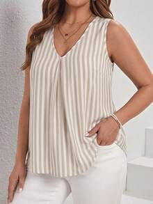 Comfylo Casual Versatile Daily Plus Size Contrast Color Striped Pattern V-Neck Pleated Tank Top, Spring/Summer - Multicolor - View 4