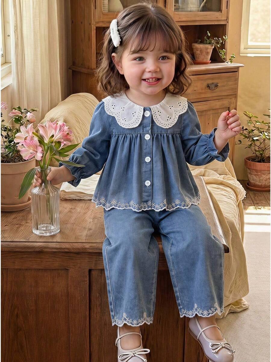 SHEIN Vintaside Kids Infant/Toddler Denim Lantern Sleeve Floral Lace Collar Embroidered Hem Blouse Pants Spring/Autumn Baby Girl 2 Pieces Set Family Matching Blue - Blue - View 1