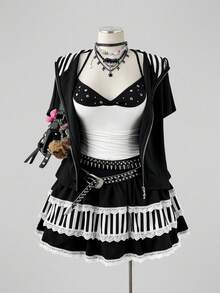 Sunspun 2pcs Sexy Black Animal Ear Cat Ear Hoodie & Striped Sweatshirt Jacket With Striped Cute Decor Half Skirt, Sexy Holiday Elegant Suitable For Festival Commute Outing Date Party Dark Punk Y2K Beach Outfit 2-Piece Set - Black and White - View 5