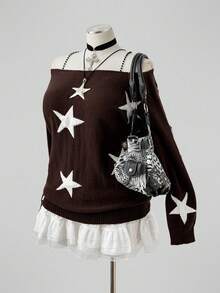Sunspun Women's Pullover Sweater With Star Pattern, Plus Size, Off-The-Shoulder Neckline Fall - Brown - View 6