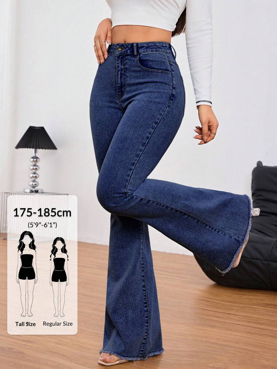 SHEIN Tall 女款休閒水洗修身喇叭牛仔褲,適合高個女性 - 深色水洗藍 - 查看 1