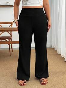 SHEIN PETITE CURVE 大尺碼女款休閒黑色高腰喇叭褲 秋季 - 黑色 - 查看 5