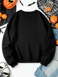 SHEIN LUNE Sweatshirt Lengan Panjang Wanita Kasual Serbaguna untuk Sehari-hari dengan Gambar Karakter - Hitam - View 2