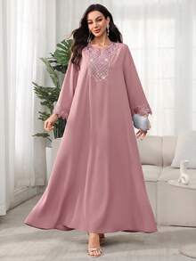 SHEIN Najma 女款春秋冬季溫柔灰粉色圓領刺繡串珠喇叭袖寬鬆款阿巴雅長袍，適合日常、拜訪、聚會與祈禱 - 藕粉色 - 查看 4