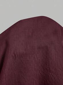 SHEIN 女款休閒優雅米色亞麻混紡立領襯衫，V領蝙蝠袖半袖辦公上衣，V領半袖寬鬆版型襯衫，適合日常穿搭/約會之夜&早午餐，夏季白色襯衫 - 酒紅色 - 查看 11