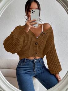 Balvessa Women's Solid Color Drop Shoulder Long Sleeve Single-Breasted Knit Cardigan - Brown - View 5