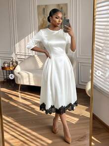 SHEIN Lady CURVE Plus Size Fashion Lace Patchwork Pleated Round Neck Dress Summer Wedding Formal Mother Of The Bride Formal Mother Of The Bride White Elegant Wedding - Multicolor - View 3