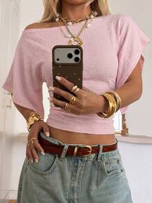 SHEIN EZwear Lotus Root Pink Knit Slim Fit Asymmetrical Shoulder T-Shirt For Women,Summer Top - Dusty Pink - View 8