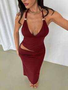 Firerie Women's Elegant Spring/Summer Sexy Holiday Party Night Music Festival Vacation V-Neck Metal Decor Halter Backless Waist Cutout Burgundy Red Long Dress - Burgundy - View 11