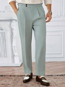 Core Aspect Men's Solid Color Mid-Waist Double Pleat Double Button Adjustable Waist Side Tab Design Zipper Casual Slim Fit Cropped Pants - Green - View 3