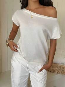 Sunnyshic Women's Spring/Summer Young Casual Off-Shoulder Off-The-Shoulder Knit Short Sleeve Top - Beige - View 6